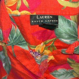 Ralph Lauren 100% Linen Red Tropical Floral Button Front Blouse Size L
